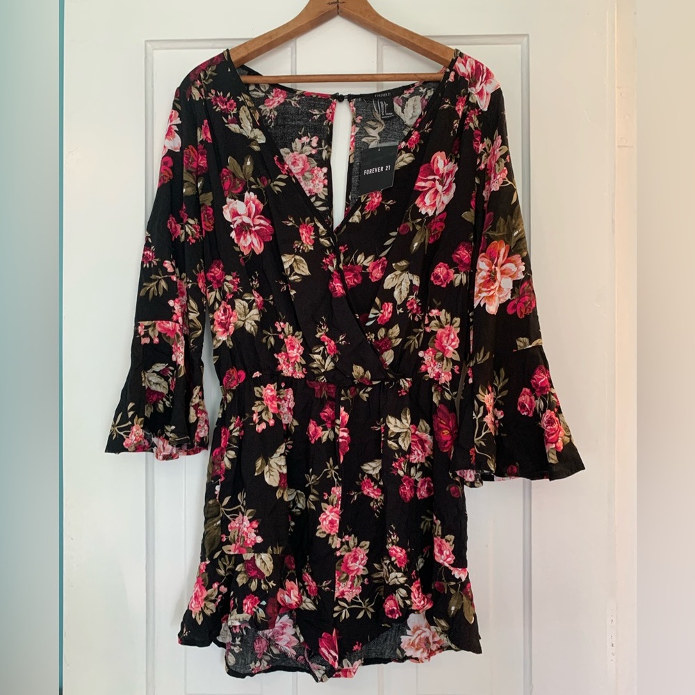 Forever 21 NWT Black and Pink Floral Ruffle Romper
